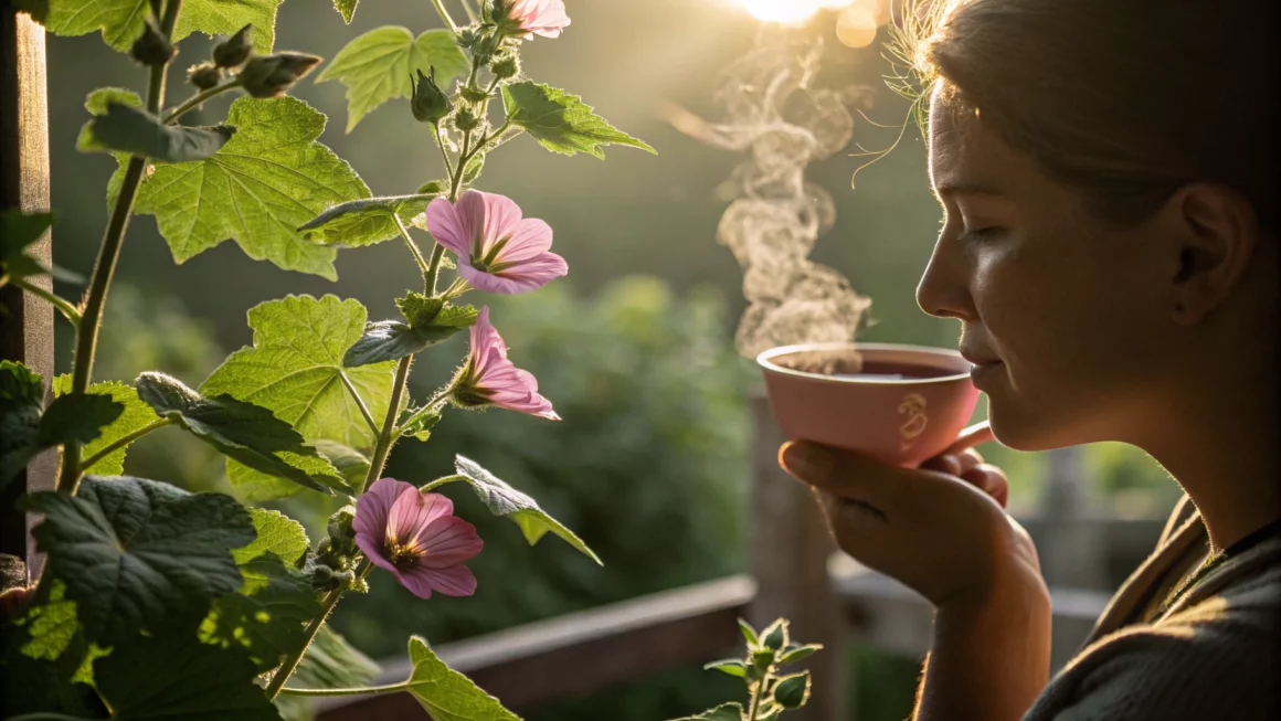Une image d'une personne en train de boire une tisane de fleur de mauve, entourée de feuilles, représentant son efficacité contre la toux.