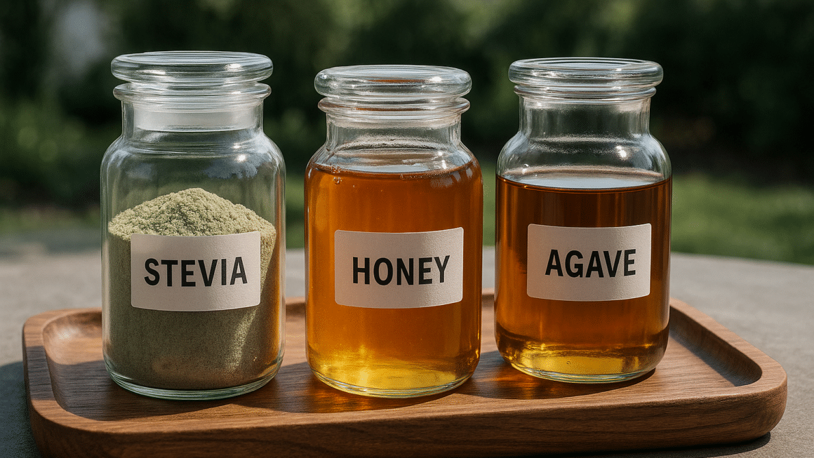 pot de stevia, pot de miel, sirop d'agave sur un plateau en bois